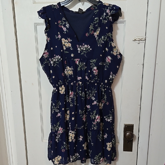 Robert Louis Navy Floral Vneck Sleeveless Short Dress Fully Lined  Size Large - Picture 1 of 4